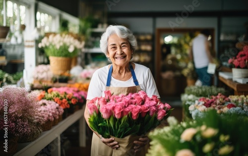 Old woman in an apron standing in front florist shop. Generative AI © piai
