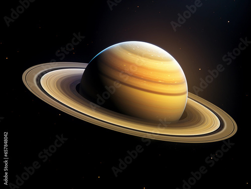 Saturn and its rings in hyper - realistic detail, stars twinkling in the dark space background, lit by soft ambient light from the Sun