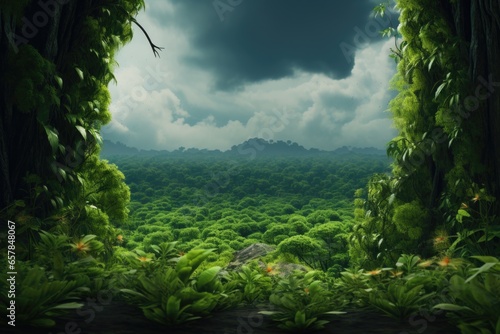 A serene view of a lush green forest seen through a window. This picture can be used to create a calming atmosphere or to depict the beauty of nature.