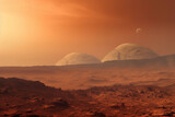 Vibrant Mars landscape with Olympus Mons in the background, red - orange surface, subtle dust storms, textures on rocks and cliffs