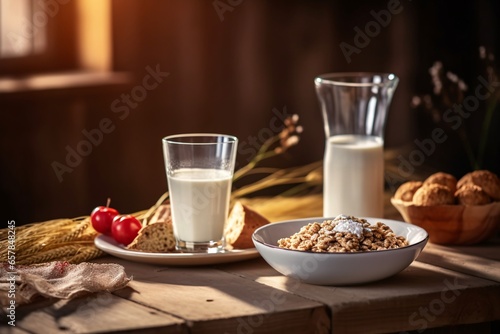 Breakfast with fresh strawberries, milk and cookies on wooden table. Breakfast with bacon, eggs and milk on rustic wooden background