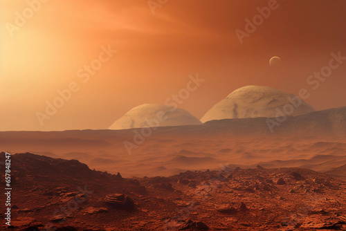 Vibrant Mars landscape with Olympus Mons in the background  red - orange surface  subtle dust storms  textures on rocks and cliffs