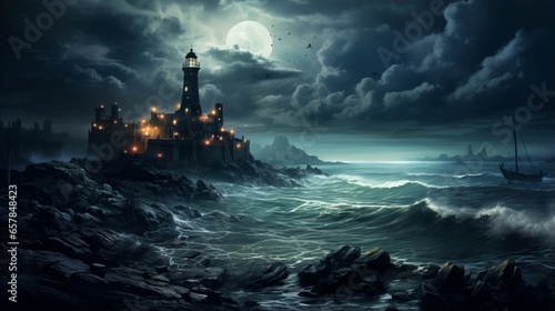 The dark night, the waves crash against rocks on both sides of the shore and in front of them is an island with a lighthouse that shines brightly