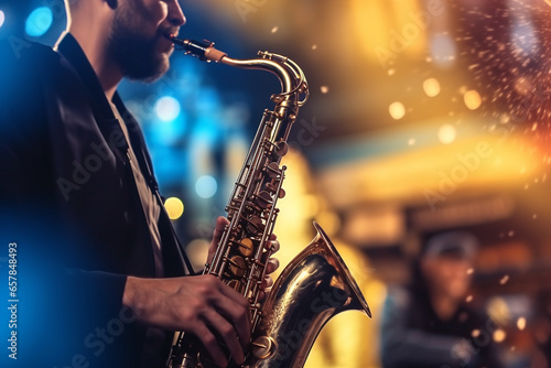 Talant man play on saxophone