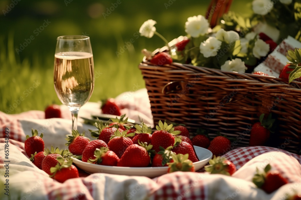 strawberries and wine on summer time picnic strawberries and wine on summer time picnic