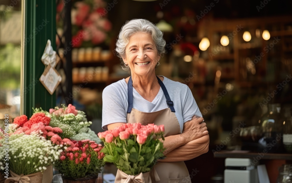 Old woman in an apron standing in front florist shop. Generative AI Old woman in an apron standing in front florist shop. Generative AI