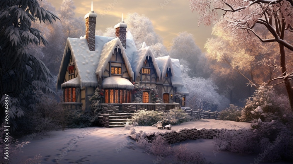 A charming cottage nestled in a tranquil forest blanketed by freshly fallen snow, with smoke gently rising from its chimney into the crisp winter air