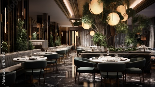 A chic restaurant interior with sleek, marble tables and soft, ambient lighting, setting the stage for a memorable dining experience