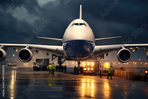 Cargo plane being loaded or unloaded with freight at a bustling airport