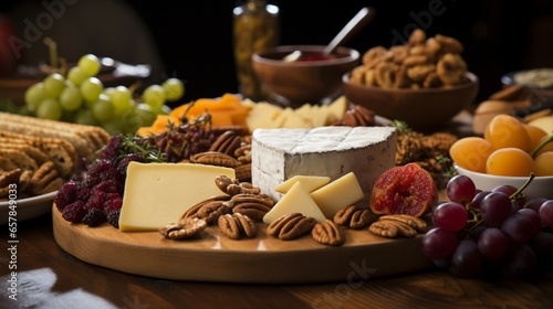 a close-up of a gourmet cheese platter, with a selection of artisanal cheeses, fruits, and nuts, an inviting appetizer for a wine and cheese evening