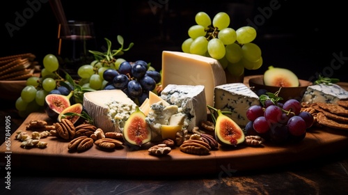a close-up of a gourmet cheese platter, with a selection of artisanal cheeses, fruits, and nuts, an inviting appetizer for a wine and cheese evening