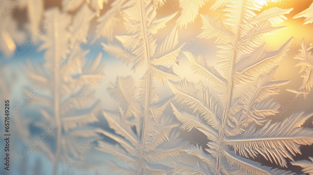 A close-up of intricate frost patterns etched delicately on a windowpane, catching the first rays of the morning sun