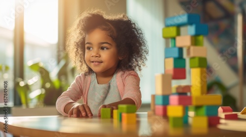 A young child using blocks to learn basic counting and math skills.