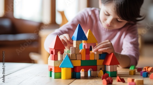 A child's hands building a simple house with colorful plastic blocks