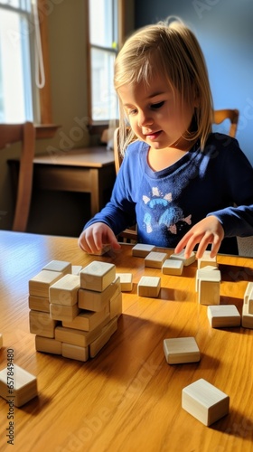 A young child using blocks to learn basic counting and math skills.