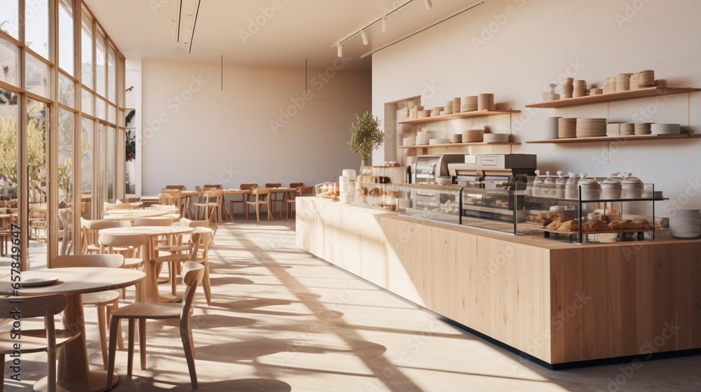 A contemporary cafe with minimalist decor and a display of artisanal pastries, creating a serene space for coffee enthusiasts - obrazy, fototapety, plakaty 