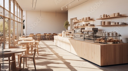 A contemporary cafe with minimalist decor and a display of artisanal pastries, creating a serene space for coffee enthusiasts photo
