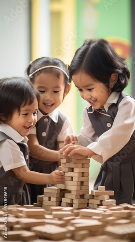 A group of children playing together and building with wooden blocks.