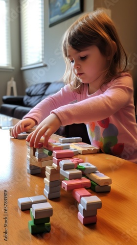 A young child using blocks to learn basic counting and math skills.