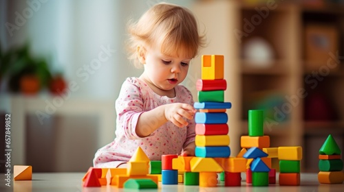 A young child using blocks to learn basic counting and math skills.