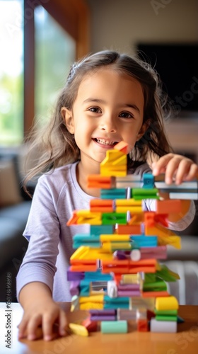 A little girl smiling while creating a rainbow tower with blocks