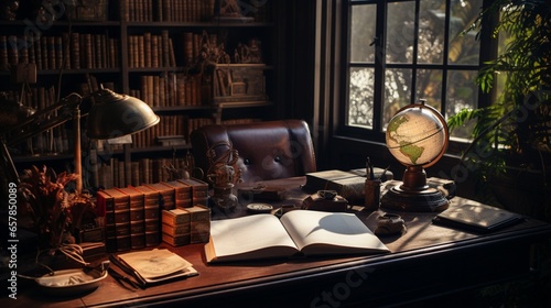 a cozy home office, featuring a leather-bound planner and an assortment of fine writing instruments