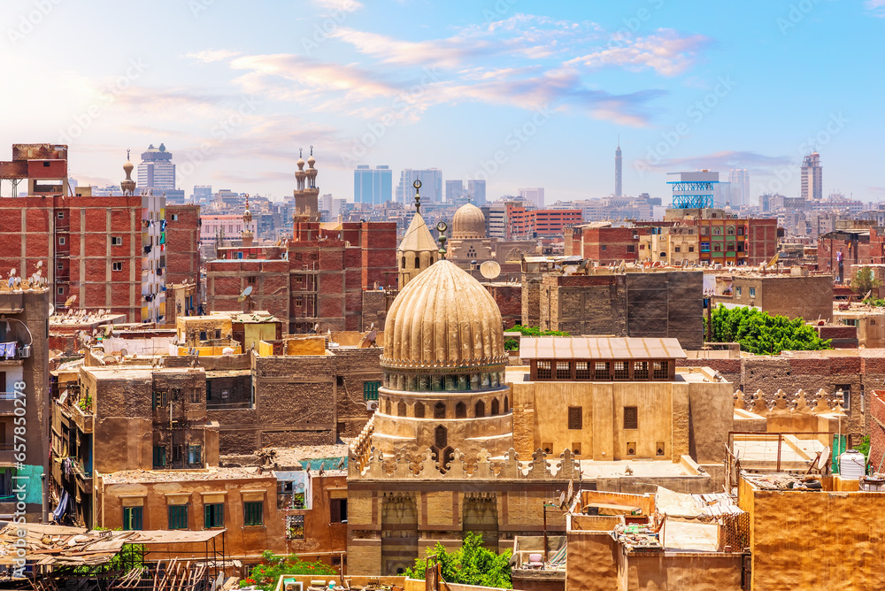 Typical view of Islamic Cairo, mosques and buildings of the capital of Egypt