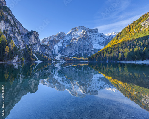 Croda del Becco (Seekofel) reflected in Braies Lake in autumn, Prags Dolomites, South Tyrol, (Bozen Province) Trentino Alto Adige, Italy photo