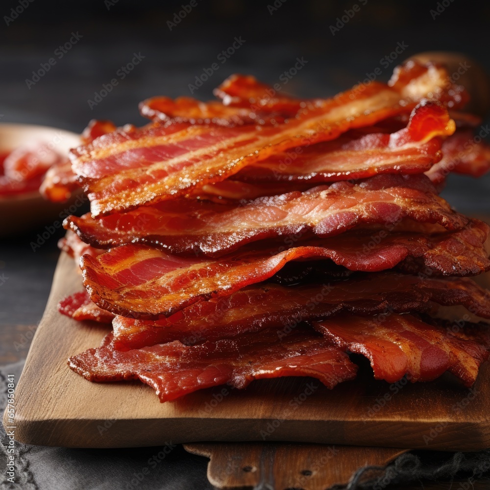 Crispy juicy slices of bacon, close up. Generative AI. Crispy juicy slices of bacon, close up. Generative AI.