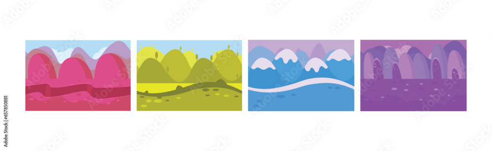 Obraz premium Bright Flat Landscapes View as Game Background Vector Set