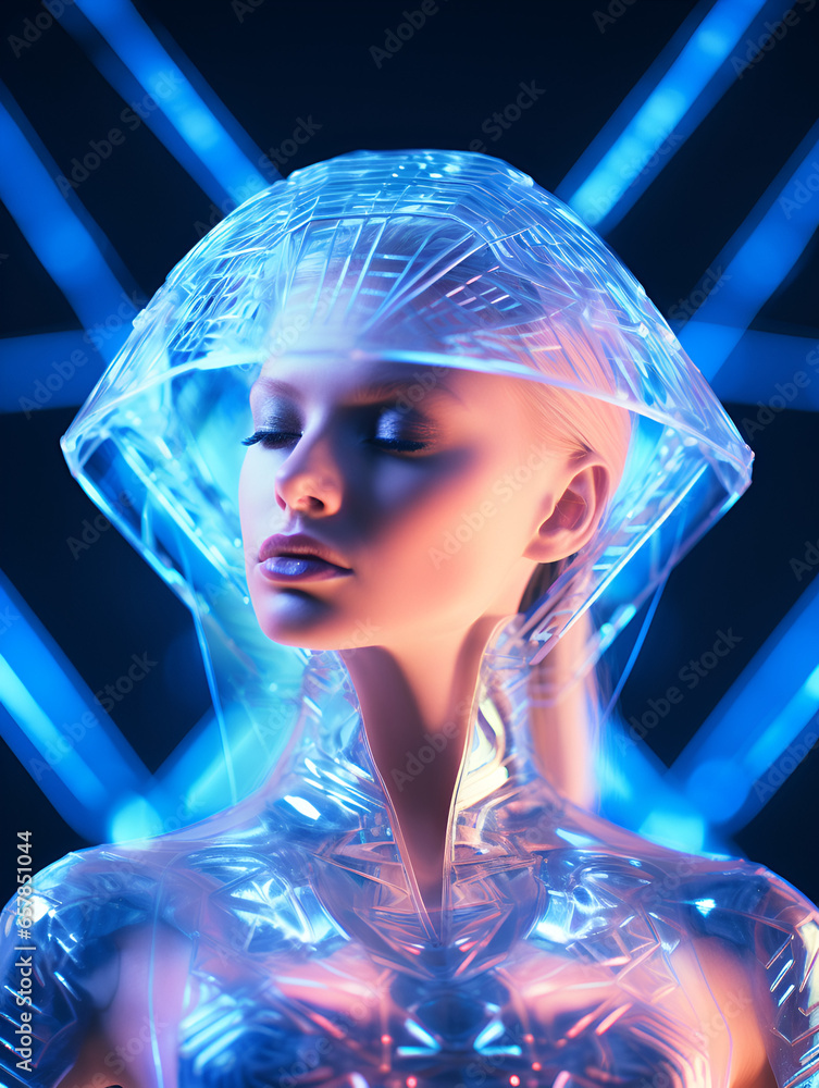 Portrait of a beautiful futuristic woman with modern head accessory, blue background Portrait of a beautiful futuristic woman with modern head accessory, blue background