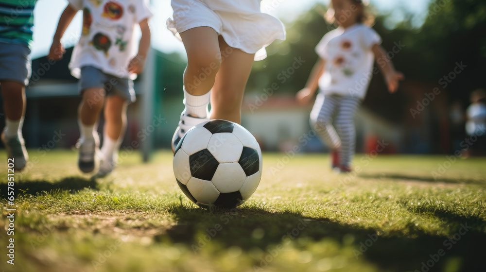Little children playing soccer on a soccer field. Kids soccer football concept. Generative AI