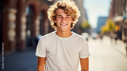 Smiling Teen White Man with Blond Curly Hair Photo. Portrait of Casual Person in City Street. Photorealistic Ai Generated Horizontal Illustration..