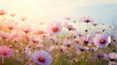 a field of cosmos flowers, with their delicate, feathery petals dancing in the gentle breeze of a summer afternoon