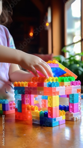 A child's hands building a simple house with colorful plastic blocks