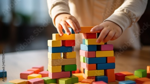 A child's hands building a simple house with colorful plastic blocks