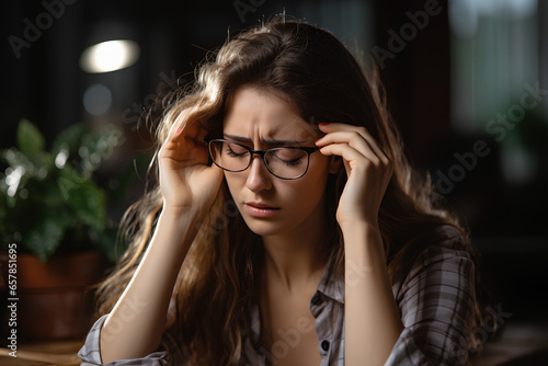 Close up exhausted woman massaging eyelids, taking off glasses, tired freelancer or student suffering from eyestrain or dry eye syndrome, feeling dizziness or headache after long hours work 