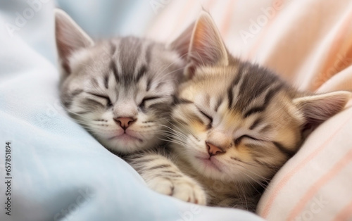 Two little tabby domestic kittens sleep cuddling each other while lying on a blanket on the bed