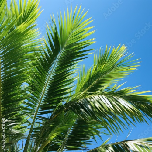 Vibrant green palm leaves against blue sky