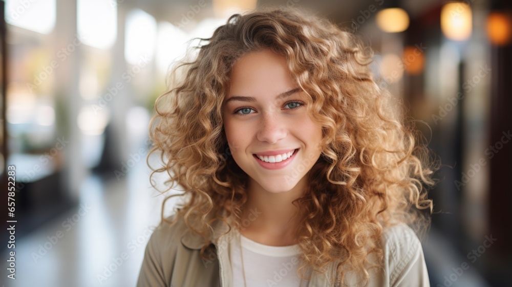 Smiling Teen White Woman with Blond Curly Hair Photo. Portrait of Casual Person in City Street. Photorealistic Ai Generated Horizontal Illustration.. Smiling Teen White Woman with Blond Curly Hair Photo. Portrait of Casual Person in City Street. Photorealistic Ai Generated Horizontal Illustration..