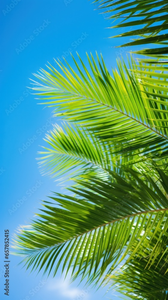 Vibrant green palm leaves against blue sky Vibrant green palm leaves against blue sky