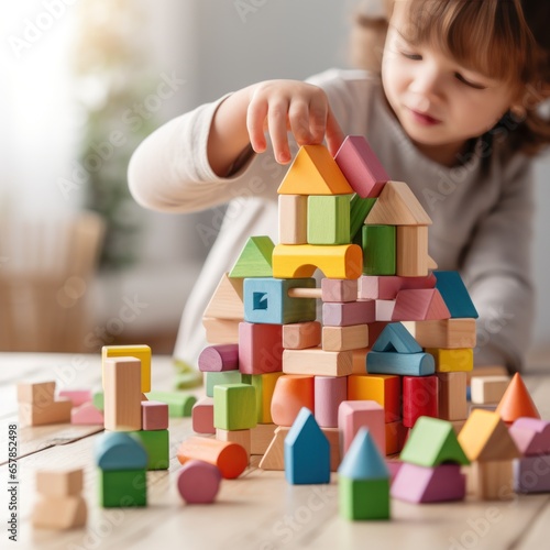 A child's hands building a simple house with colorful plastic blocks