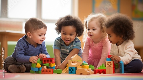 A group of children playing together and building with wooden blocks.