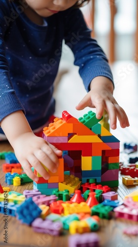 A child's hands building a simple house with colorful plastic blocks