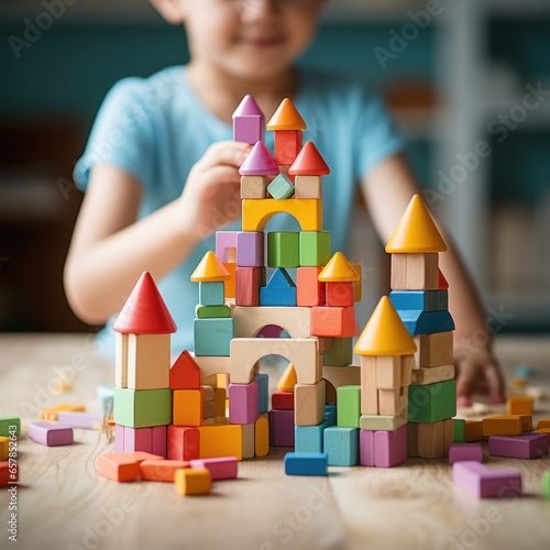 A child's hands building a simple house with colorful plastic blocks