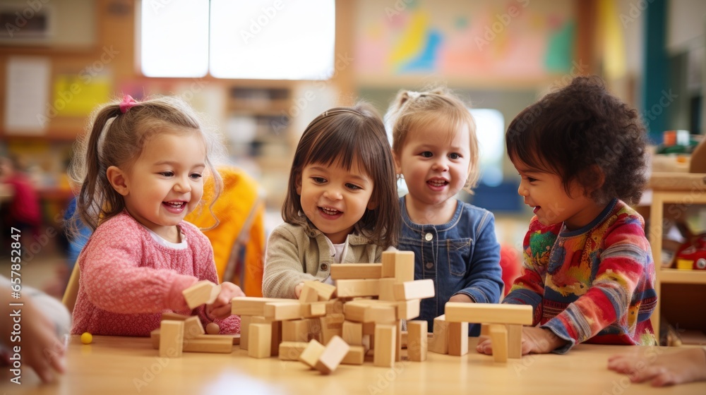 Fototapeta premium A group of children playing together and building with wooden blocks.