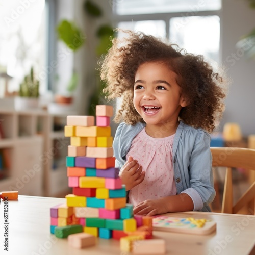 A little girl smiling while creating a rainbow tower with blocks