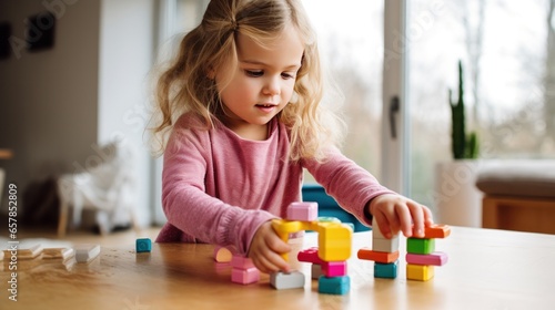 A young child using blocks to learn basic counting and math skills.