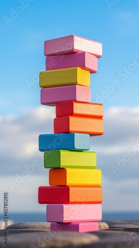 Colorful blocks stacked high in a tower