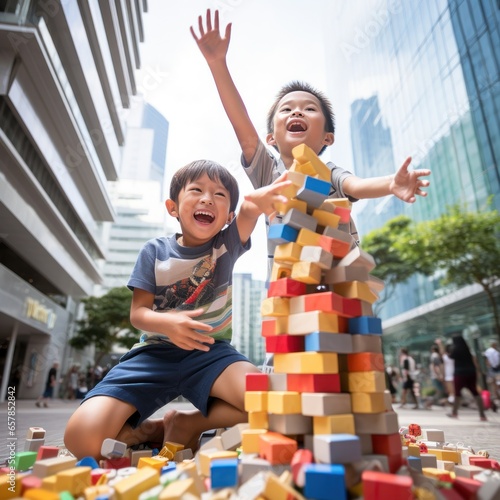 Two young boys building a towering skyscraper out of colorful blocks